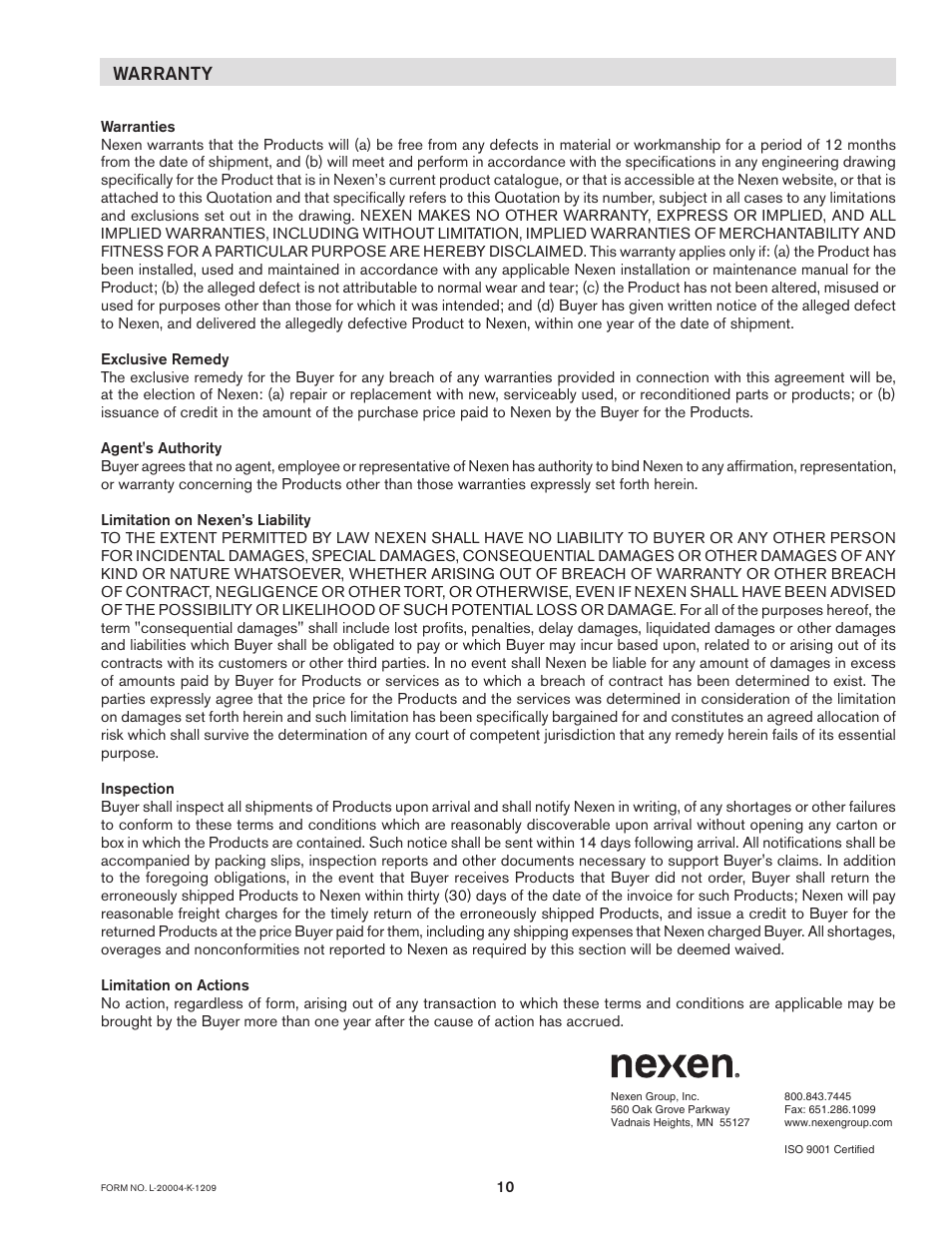 Warranty | Nexen XHW 848200 User Manual | Page 10 / 10