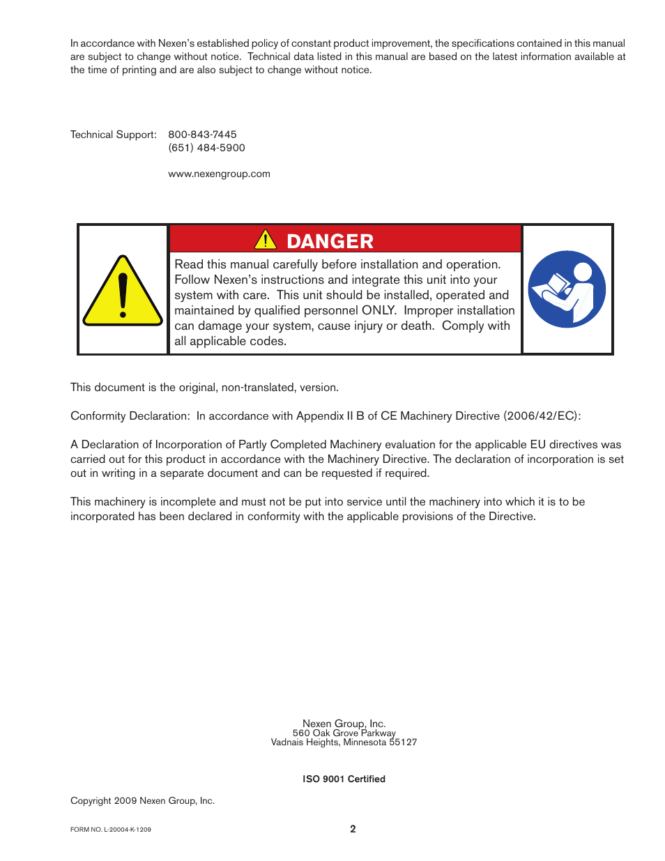 Danger | Nexen XHW 848200 User Manual | Page 2 / 10