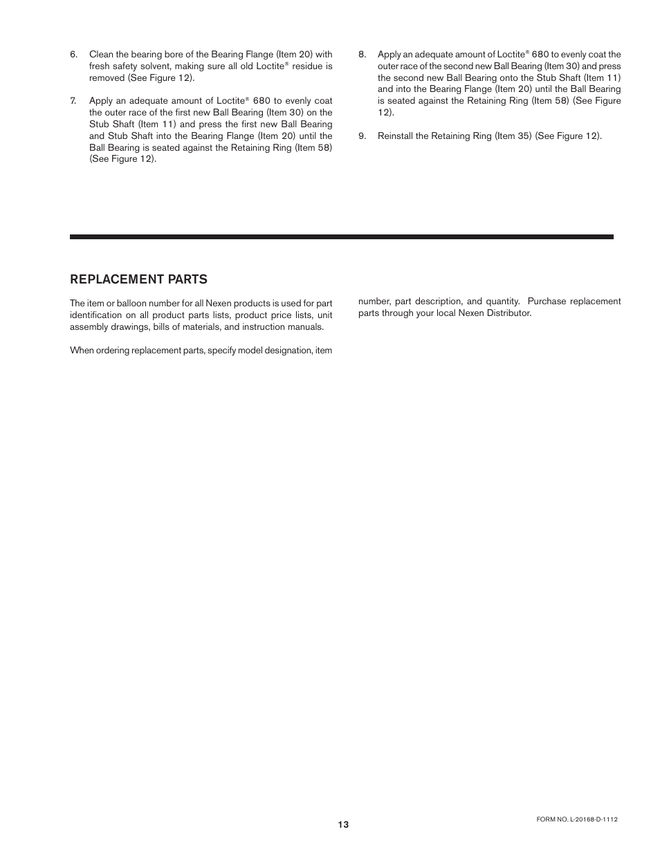 Replacement parts | Nexen FMCE-875 801474 User Manual | Page 13 / 19