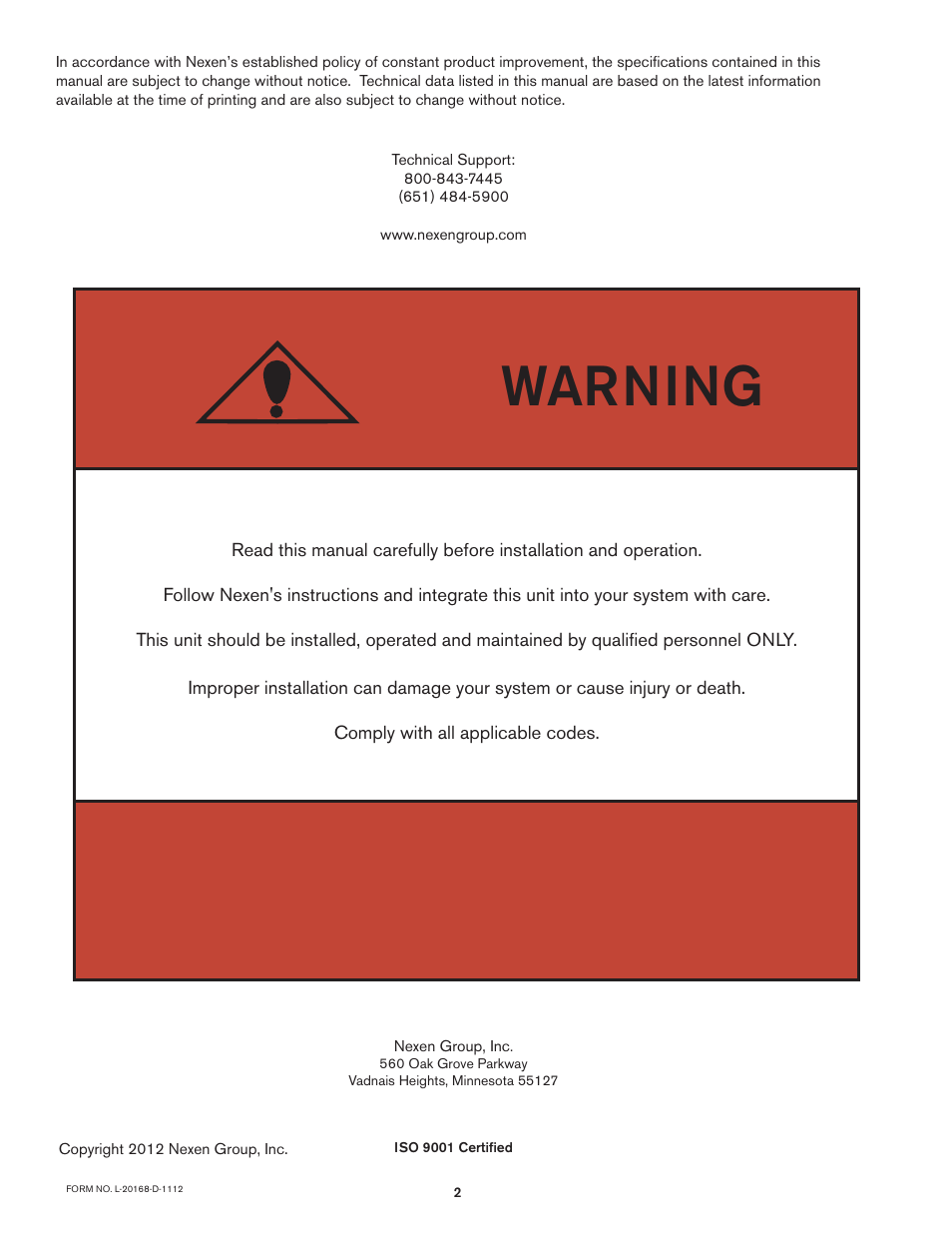 Warning | Nexen FMCE-875 801474 User Manual | Page 2 / 19