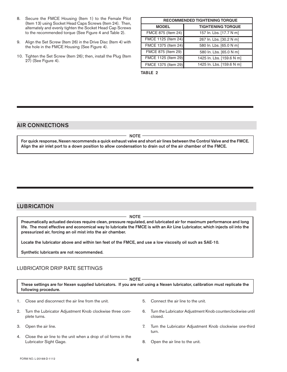 Air connections, Lubrication, Lubricator drip rate settings | Nexen FMCE-875 801474 User Manual | Page 6 / 19