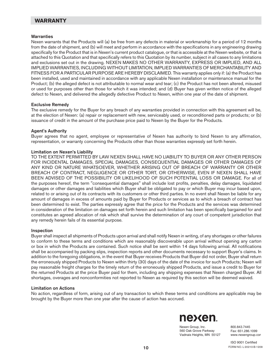 Warranty | Nexen 5H20P-E 911317 User Manual | Page 13 / 13