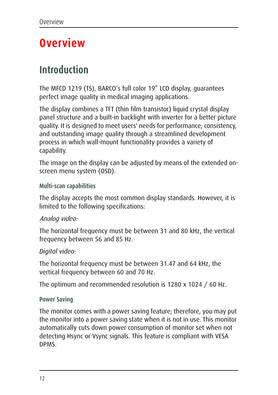 Overview, Introduction | Barco MFCD 1219 (TS) User Manual | Page 12 / 36