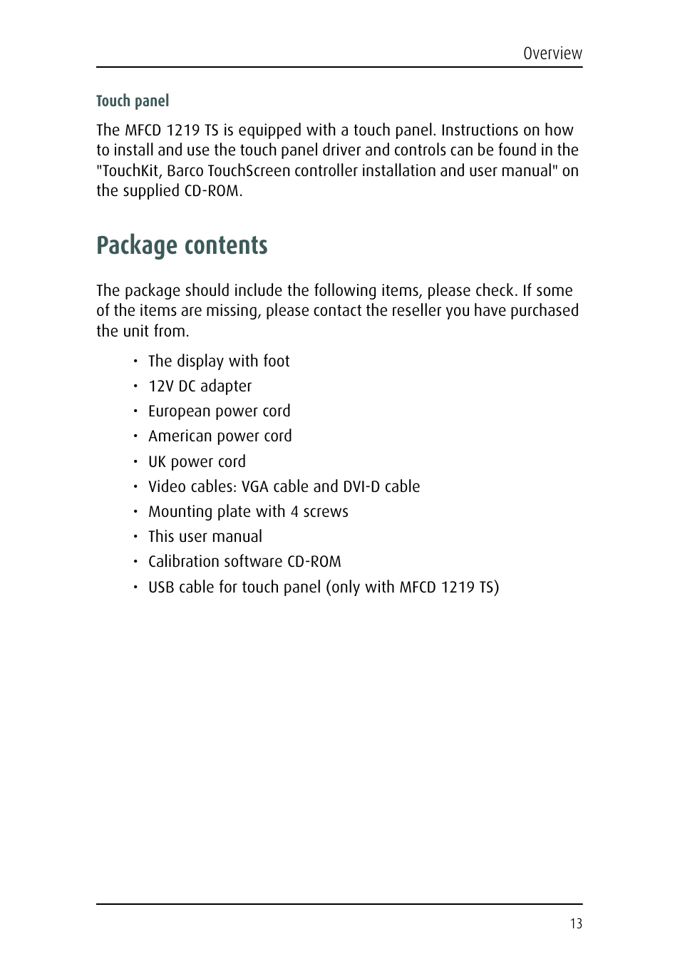 Package contents | Barco MFCD 1219 (TS) User Manual | Page 13 / 36
