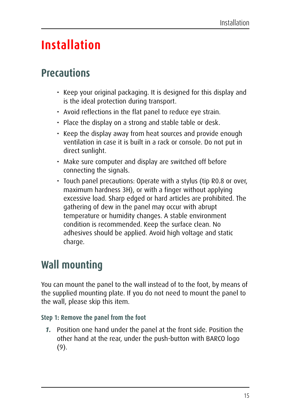 Installation, Precautions, Wall mounting | Barco MFCD 1219 (TS) User Manual | Page 15 / 36