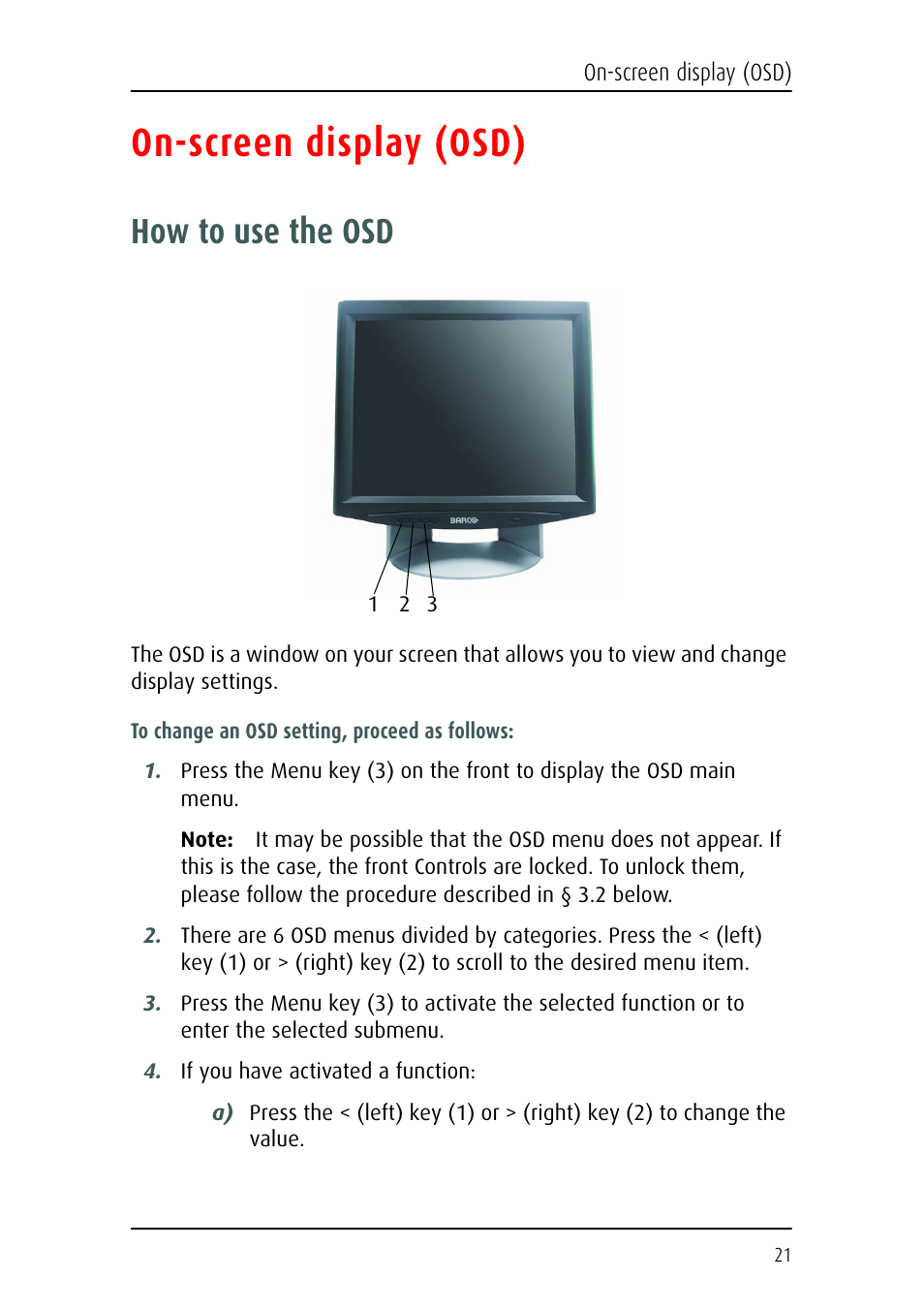 On-screen display (osd), How to use the osd | Barco MFCD 1219 (TS) User Manual | Page 21 / 36