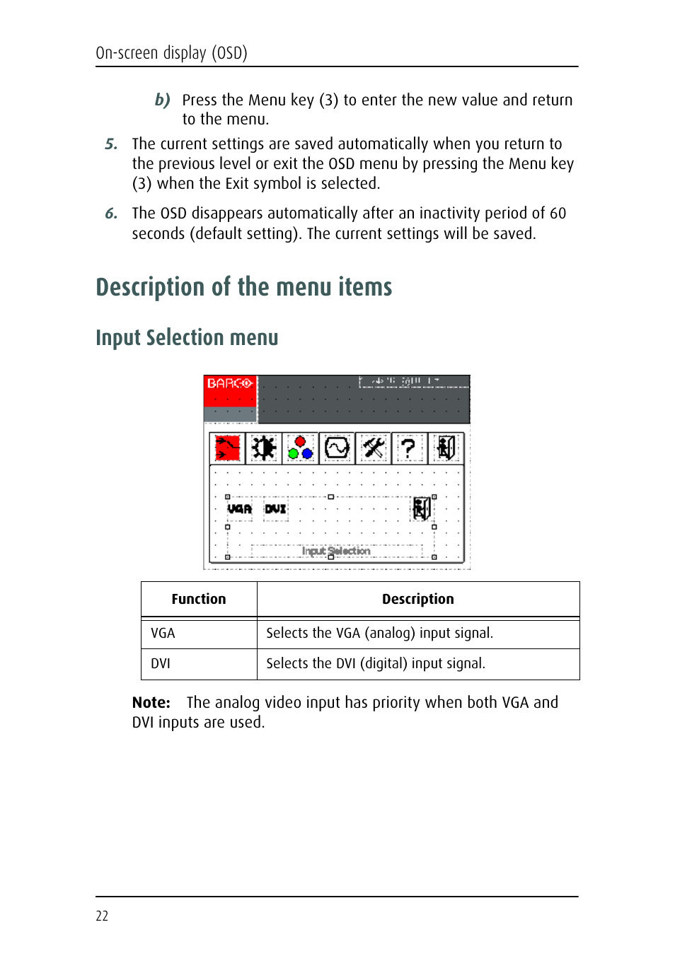 Description of the menu items, Input selection menu | Barco MFCD 1219 (TS) User Manual | Page 22 / 36