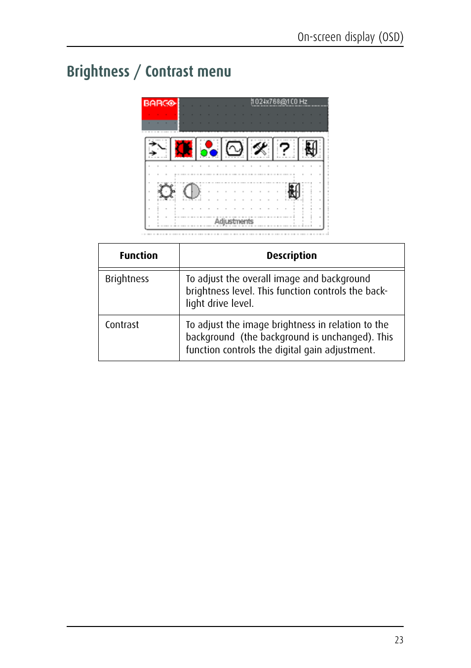 Brightness / contrast menu | Barco MFCD 1219 (TS) User Manual | Page 23 / 36