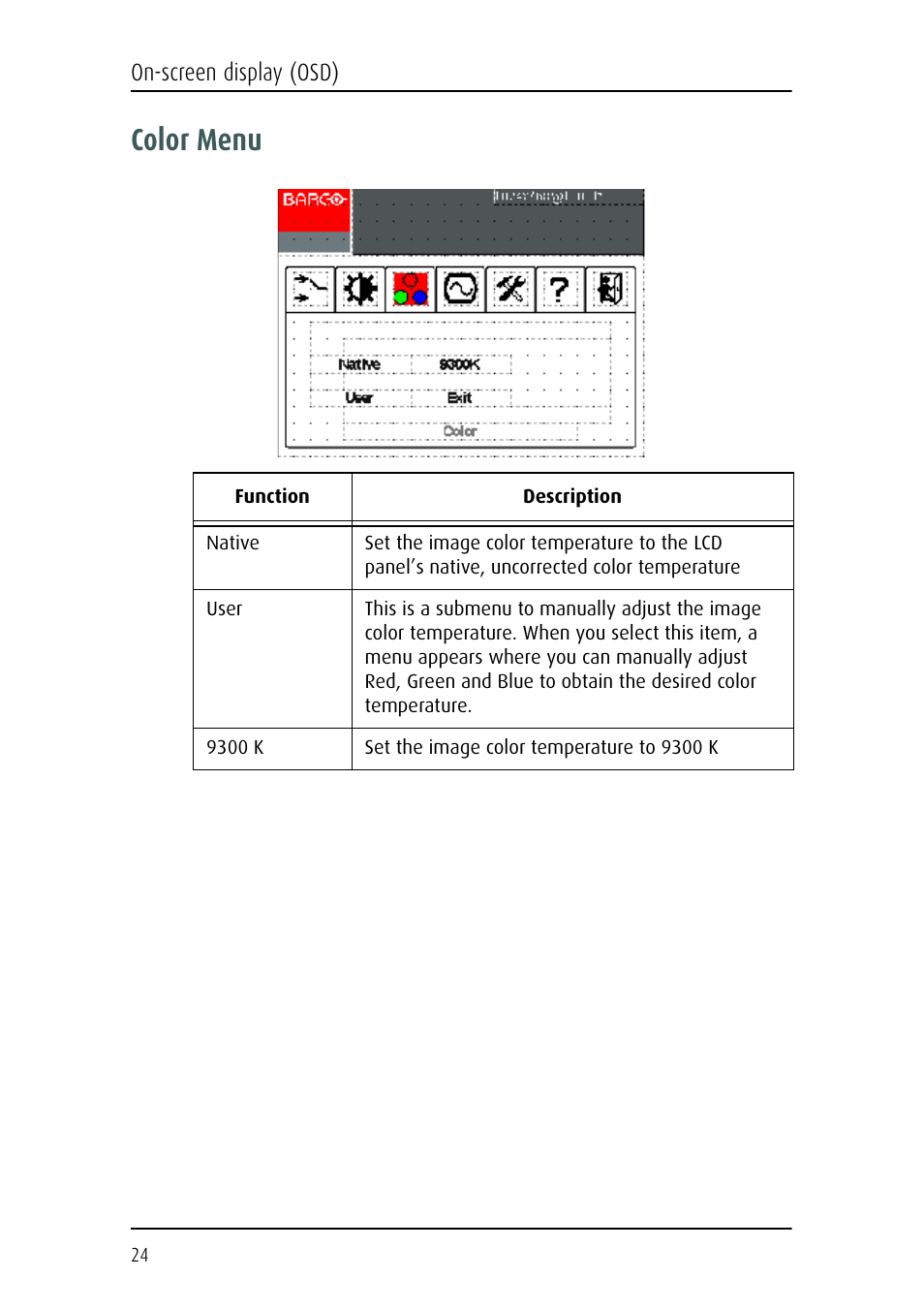 Color menu | Barco MFCD 1219 (TS) User Manual | Page 24 / 36