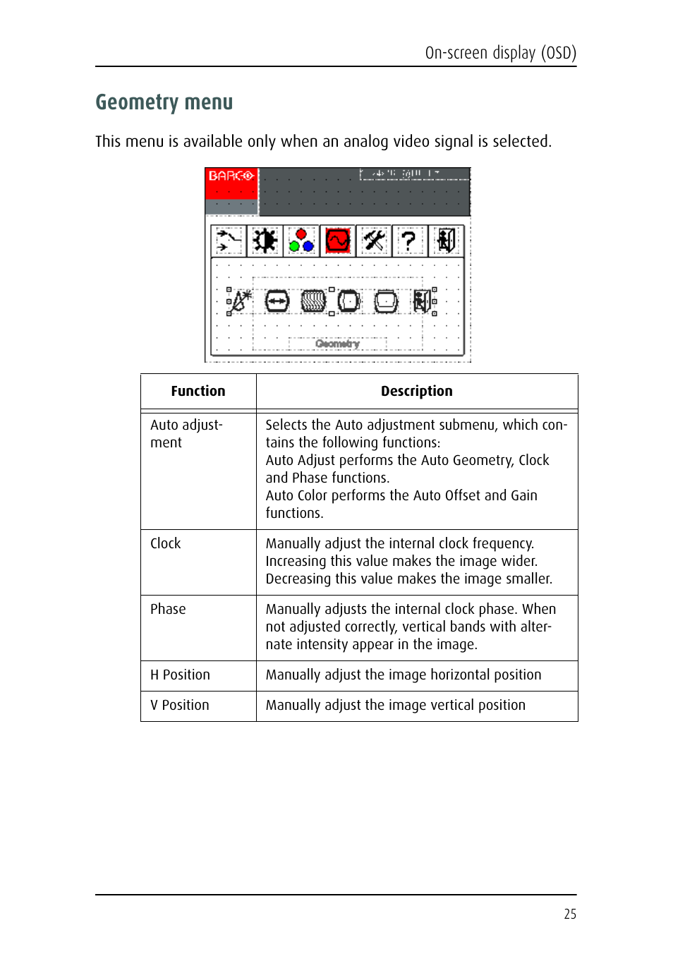 Geometry menu | Barco MFCD 1219 (TS) User Manual | Page 25 / 36