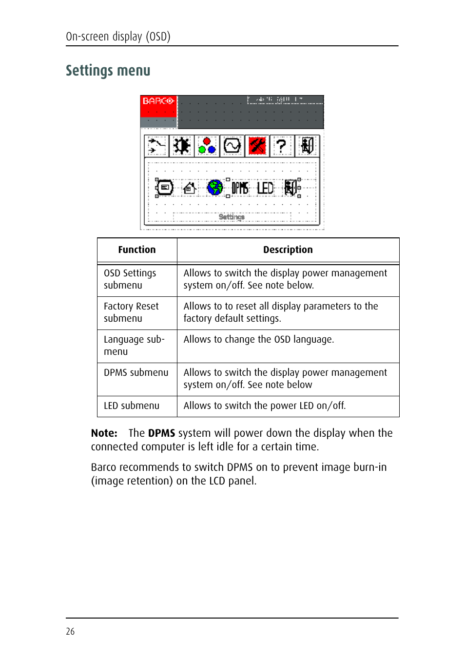 Settings menu | Barco MFCD 1219 (TS) User Manual | Page 26 / 36