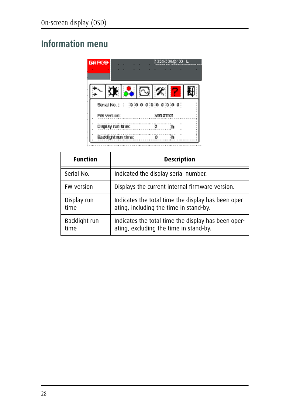 Information menu | Barco MFCD 1219 (TS) User Manual | Page 28 / 36