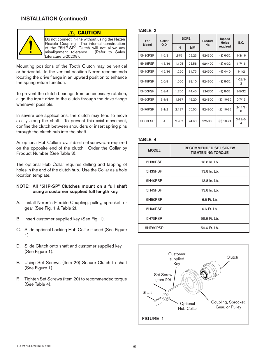 Installation (continued), Caution, Table 3 figure 1 | Table 4 | Nexen 5H70PSP 914000 User Manual | Page 6 / 15