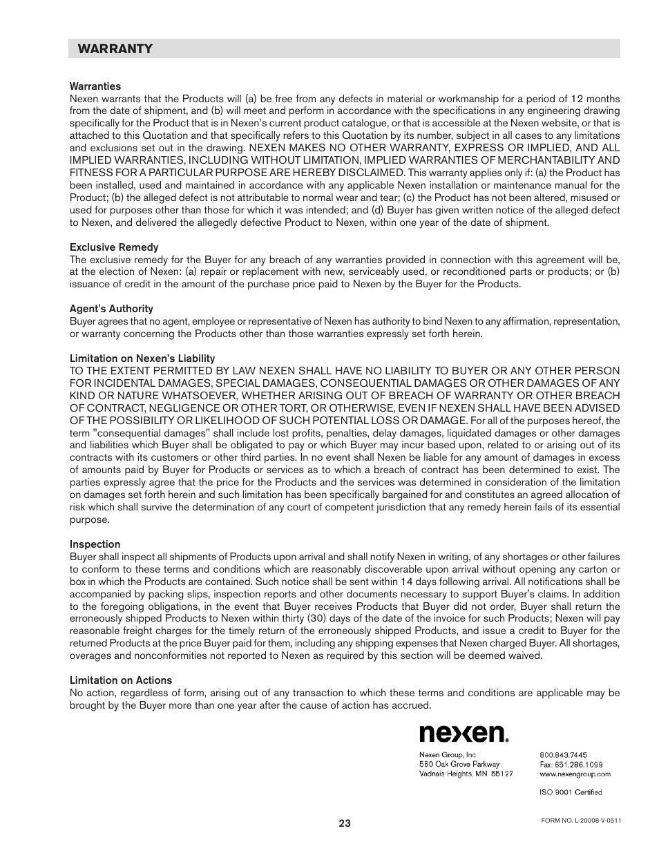 Nexen 5H70P 917500 User Manual | Page 23 / 23