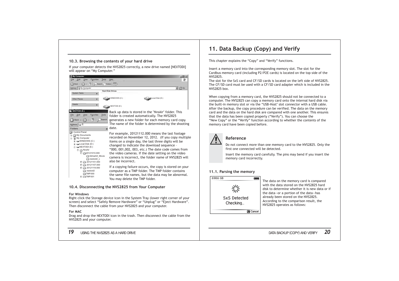 20 11. data backup (copy) and verify, Reference, Sxs detected checking | NextoDI NVS2825 User Manual | Page 13 / 35