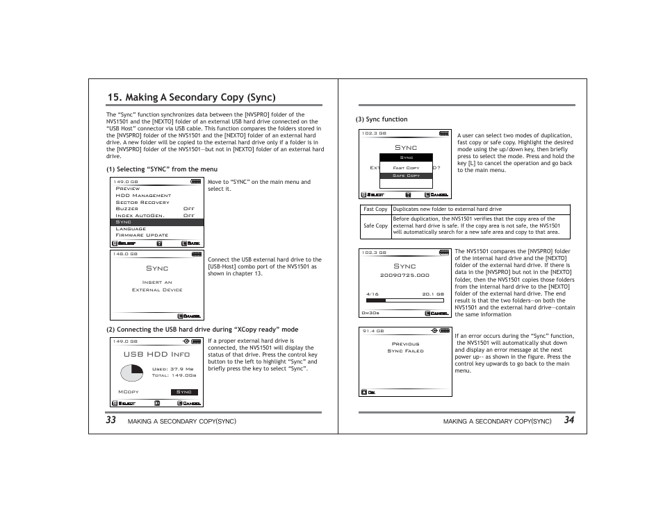 Making a secondary copy (sync), Usb hdd info, Sync | NextoDI NVS1501 User Manual | Page 20 / 33