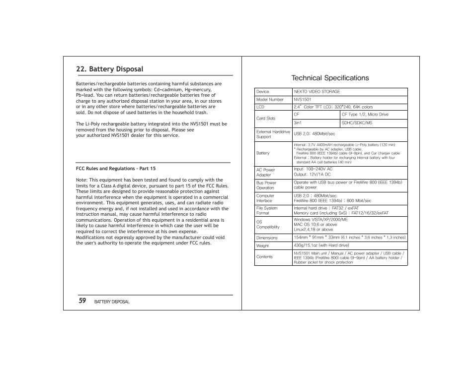 Technical specifications, Battery disposal 59 | NextoDI NVS1501 User Manual | Page 33 / 33