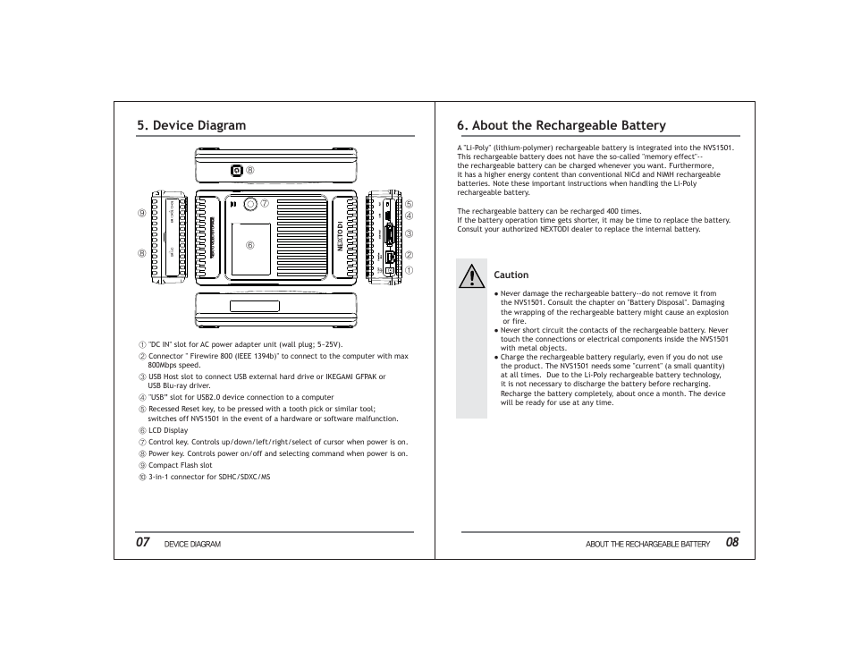 08 5. device diagram, About the rechargeable battery | NextoDI NVS1501 User Manual | Page 7 / 33