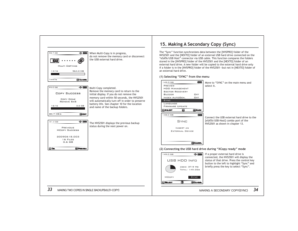 Making a secondary copy (sync), Usb hdd info, Sync | NextoDI NVS2501 User Manual | Page 20 / 34