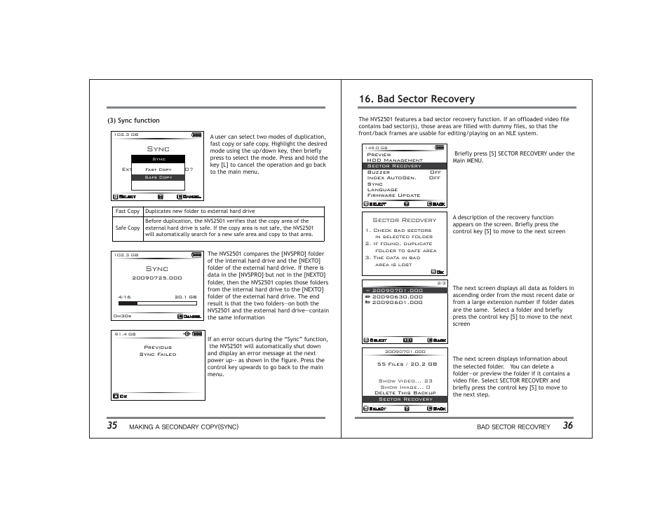 Bad sector recovery, Sync | NextoDI NVS2501 User Manual | Page 21 / 34