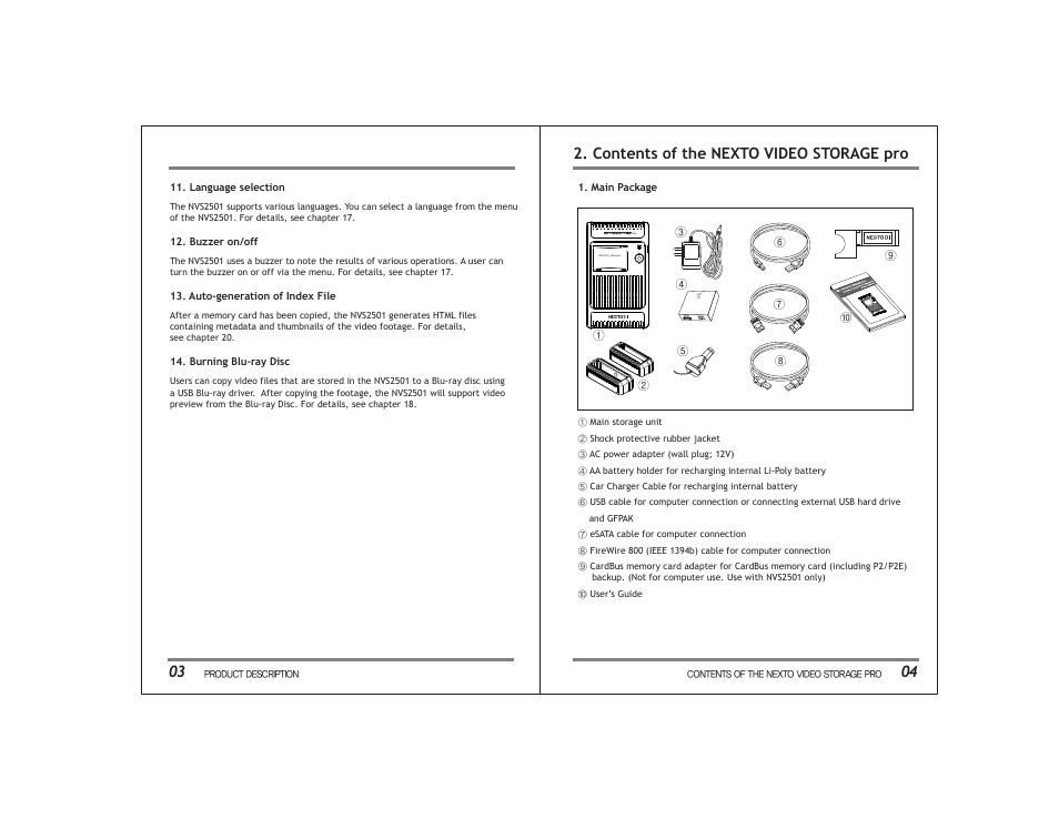 04 2. contents of the nexto video storage pro, 0 gb, Menu off | NextoDI NVS2501 User Manual | Page 5 / 34