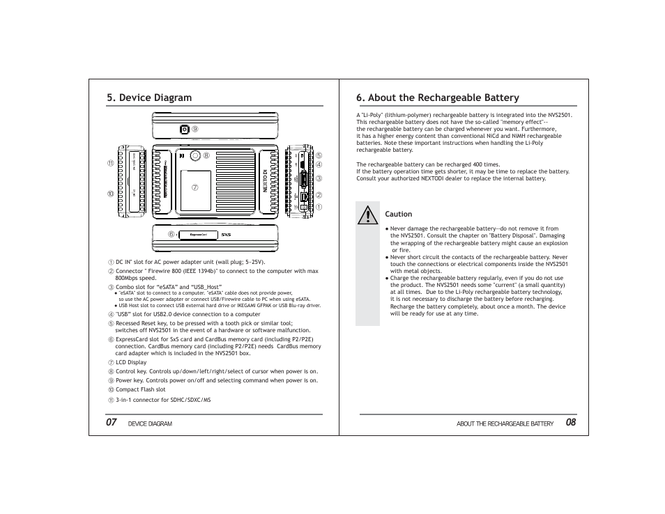 08 5. device diagram, About the rechargeable battery | NextoDI NVS2501 User Manual | Page 7 / 34