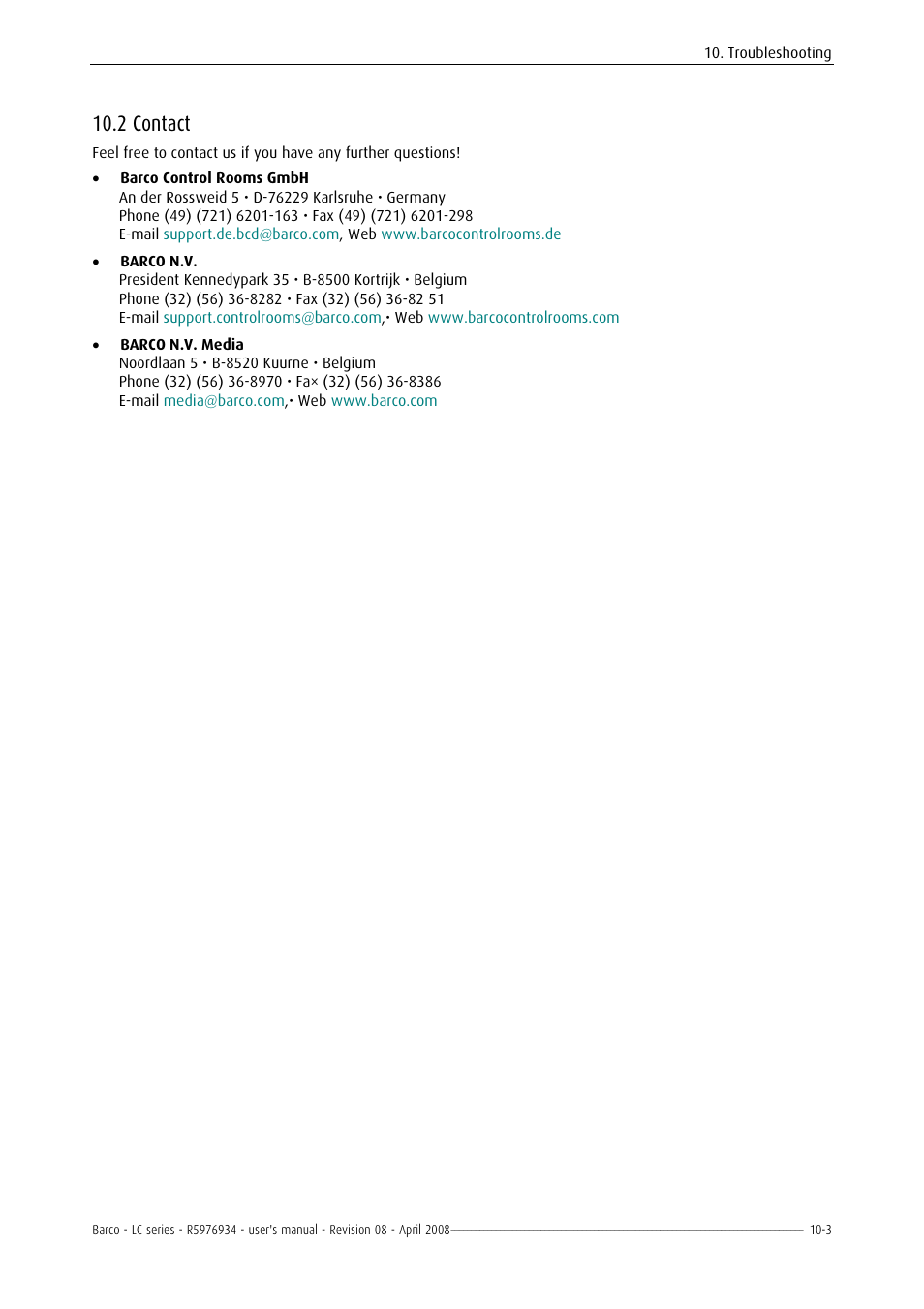 Compliance statement, Fcc compliance statement, 2 contact | Barco R5976934 User Manual | Page 111 / 144