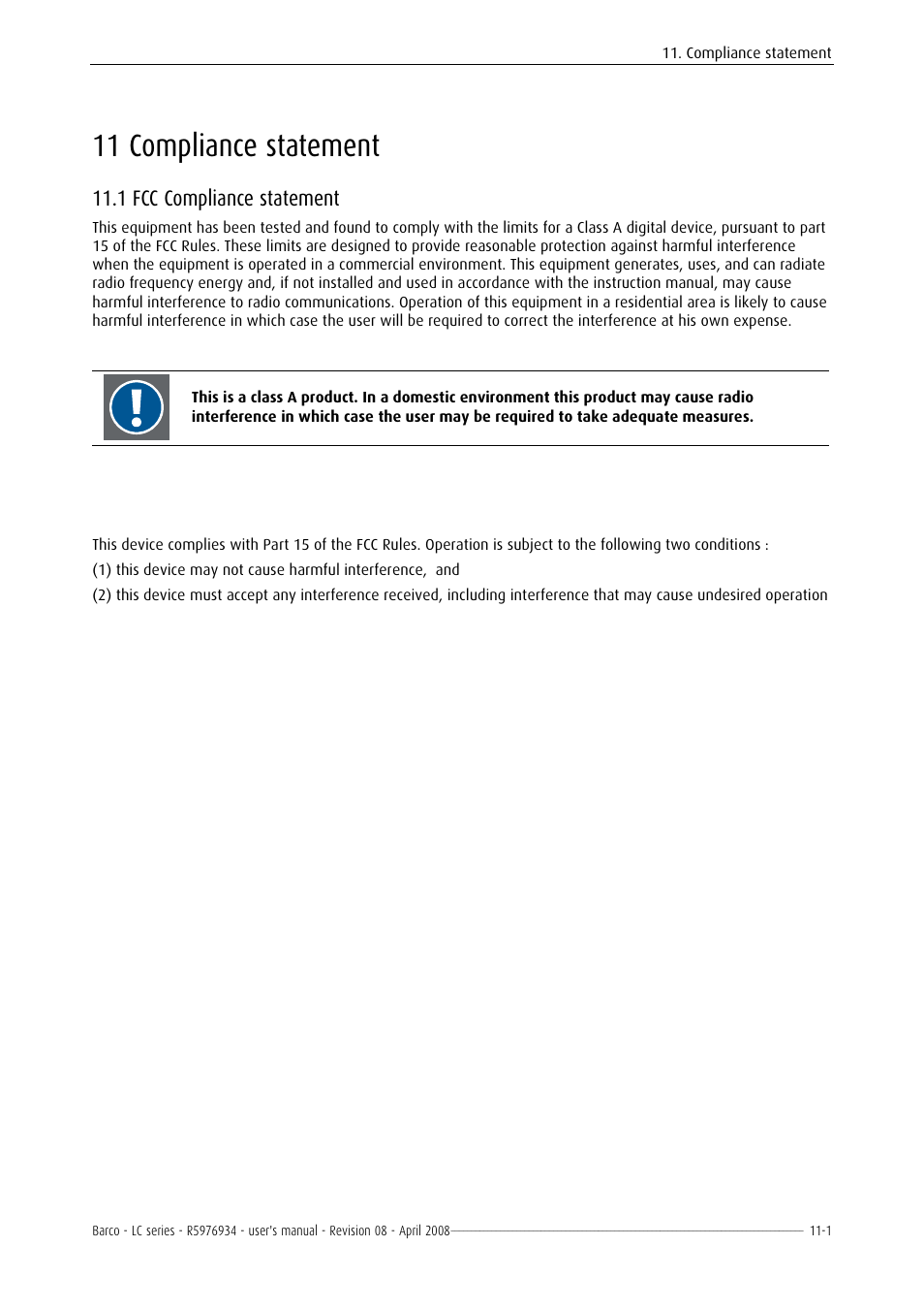Accessories, Required tools, 11 compliance statement | 1 fcc compliance statement | Barco R5976934 User Manual | Page 113 / 144