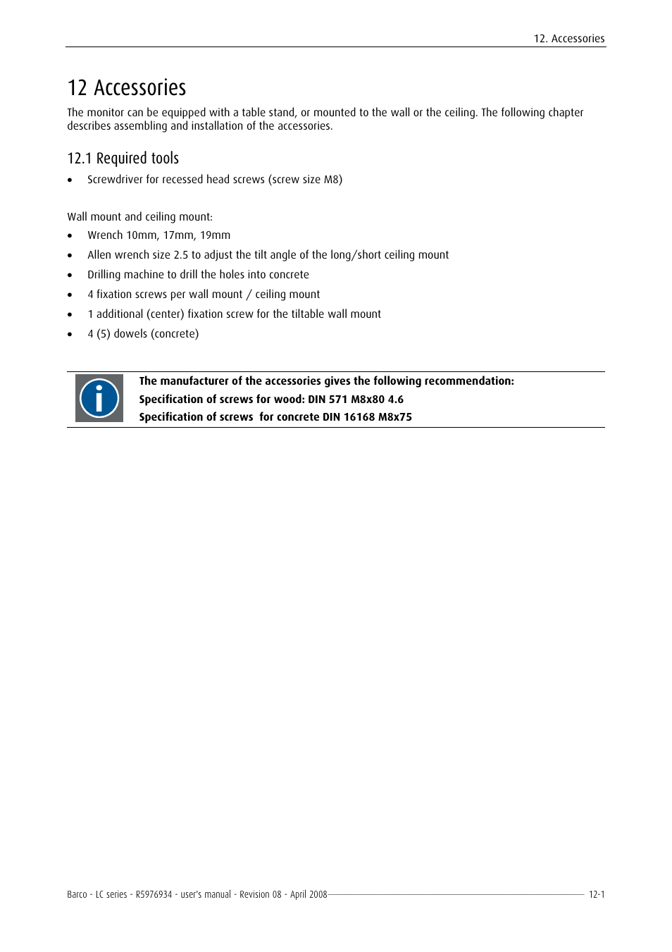 Installation, 12 accessories, 1 required tools | Barco R5976934 User Manual | Page 115 / 144