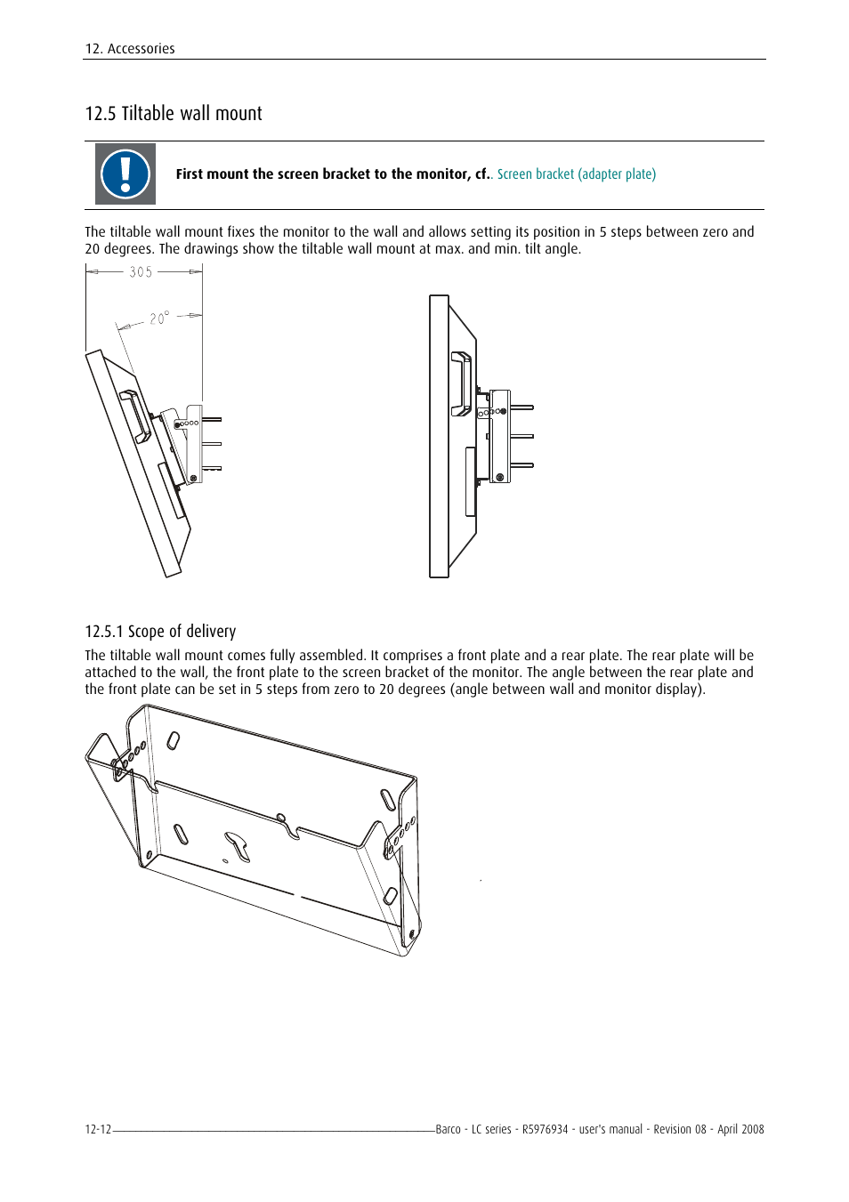 Dimensions, Dimensions of the 42" version, Dimensions of the 47" version | 5 tiltable wall mount | Barco R5976934 User Manual | Page 126 / 144