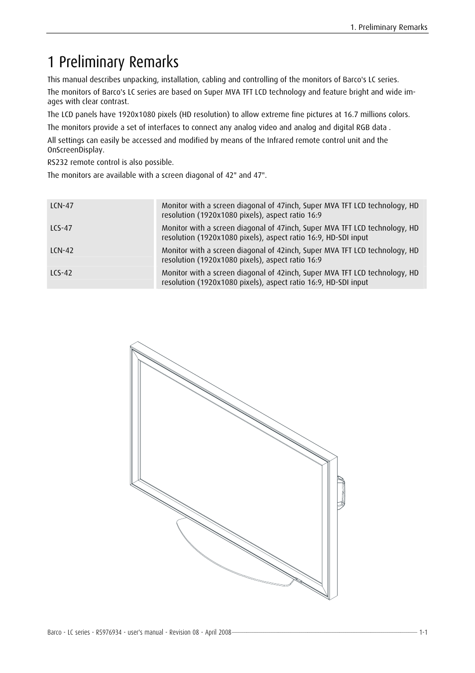 Preliminary remarks, 1 preliminary remarks -1, 1 preliminary remarks | Barco R5976934 User Manual | Page 13 / 144