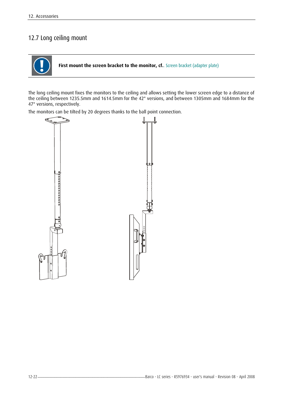 Installation, 7 long ceiling mount | Barco R5976934 User Manual | Page 136 / 144