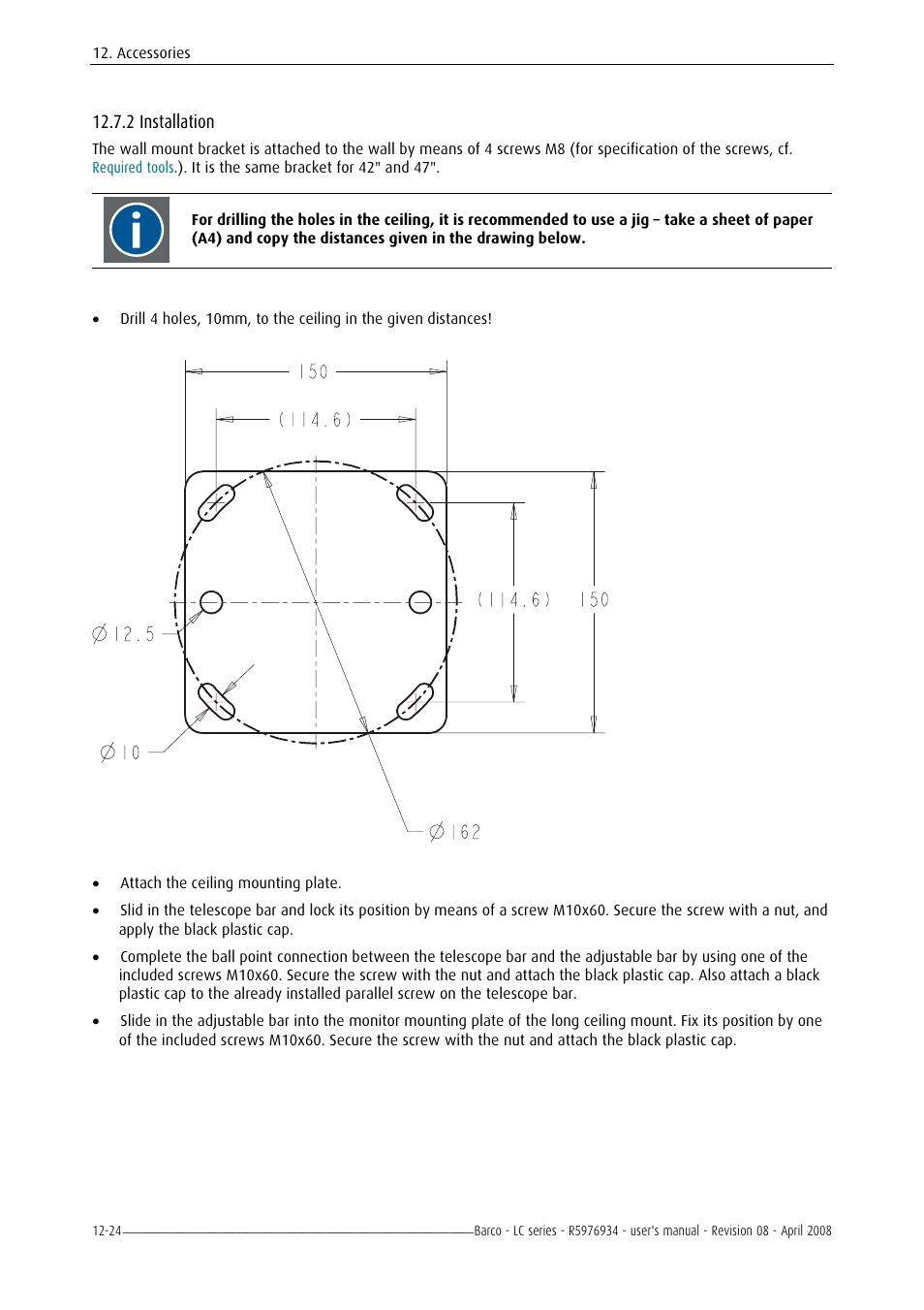 Dimensions, Dimensions of the 42" version, 2 installation | Barco R5976934 User Manual | Page 138 / 144