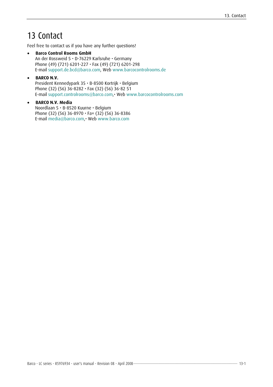 13 contact | Barco R5976934 User Manual | Page 143 / 144
