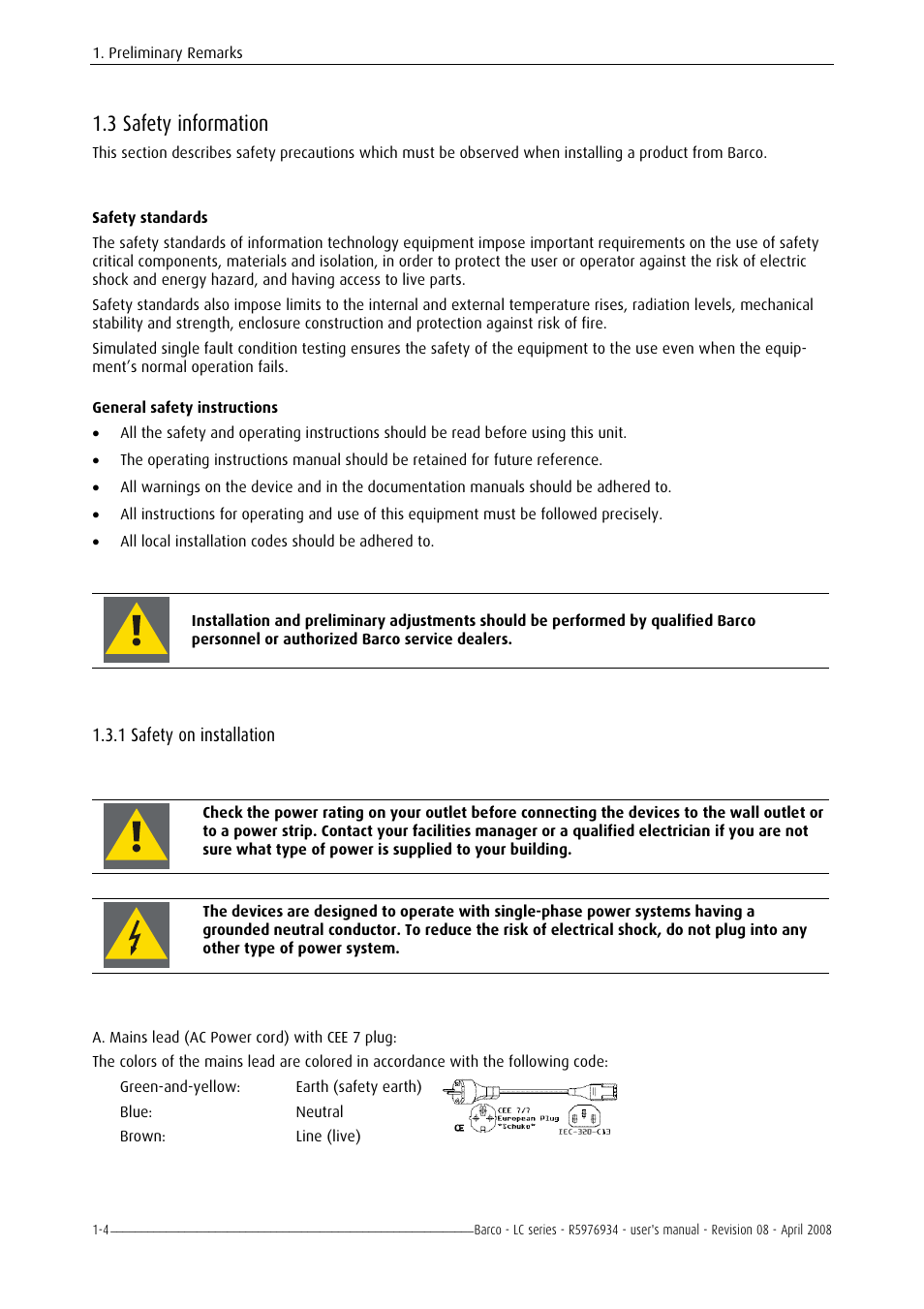 Safety information, Safety on installation, 3 safety information -4 | 1 safety on installation -4, 3 safety information, 1 safety on installation | Barco R5976934 User Manual | Page 16 / 144