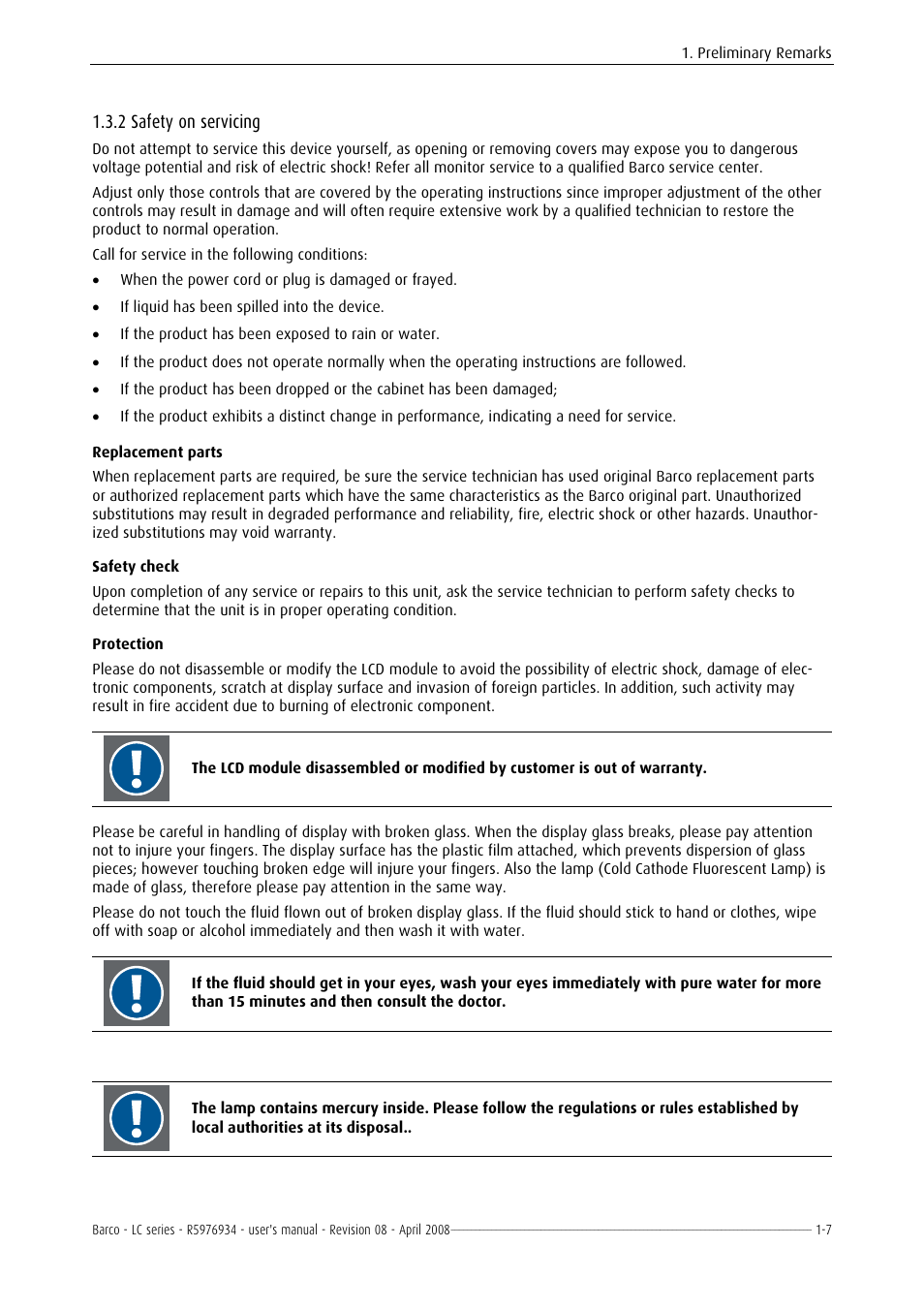 Safety on servicing, 2 safety on servicing -7, 2 safety on servicing | Barco R5976934 User Manual | Page 19 / 144