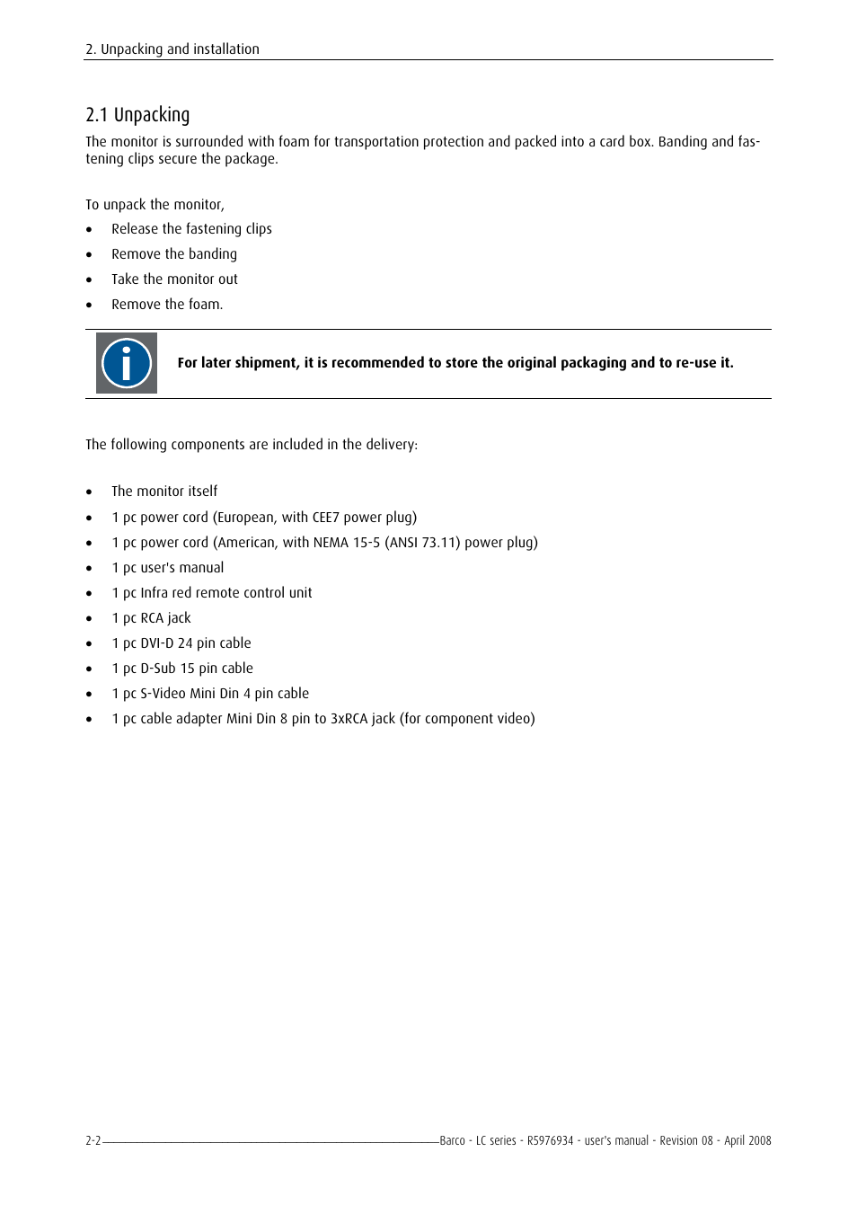 Unpacking, 1 unpacking -2, 1 unpacking | Barco R5976934 User Manual | Page 24 / 144