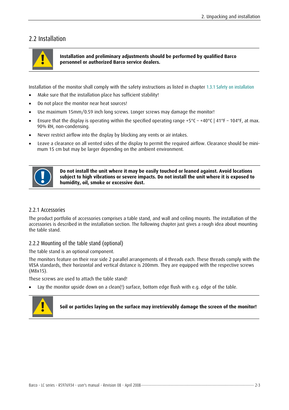 Installation, Accessories, Mounting of the table stand (optional) | 2 installation -3, 1 accessories -3, 2 mounting of the table stand (optional) -3, 2 installation, 1 accessories, 2 mounting of the table stand (optional) | Barco R5976934 User Manual | Page 25 / 144