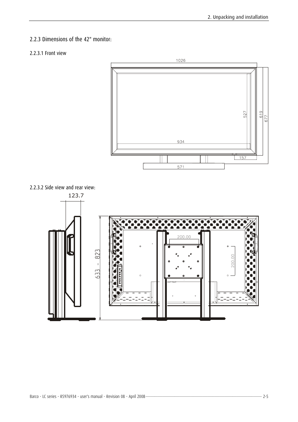 Dimensions of the 42" monitor, Front view, Side view and rear view | 3 dimensions of the 42" monitor: -5, 3 dimensions of the 42" monitor | Barco R5976934 User Manual | Page 27 / 144