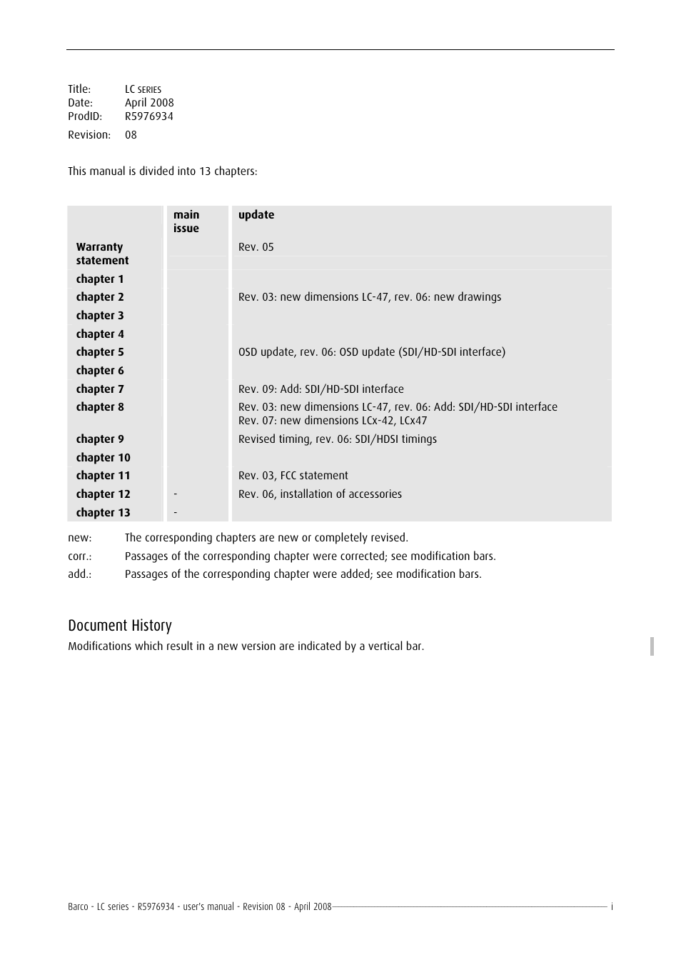 Document history | Barco R5976934 User Manual | Page 3 / 144