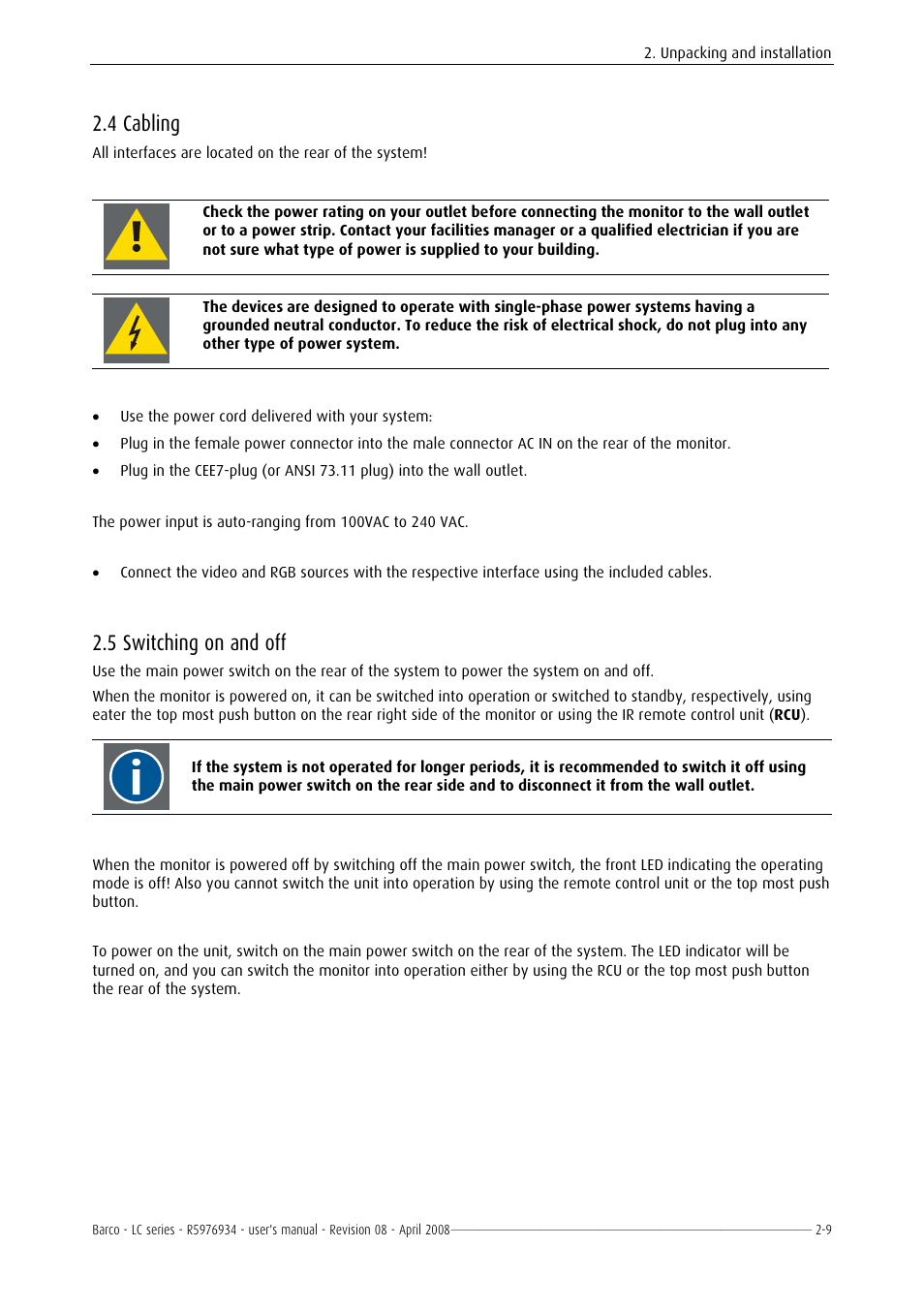 Cabling, Switching on and off, 4 cabling -9 | 5 switching on and off -9, 4 cabling, 5 switching on and off | Barco R5976934 User Manual | Page 31 / 144