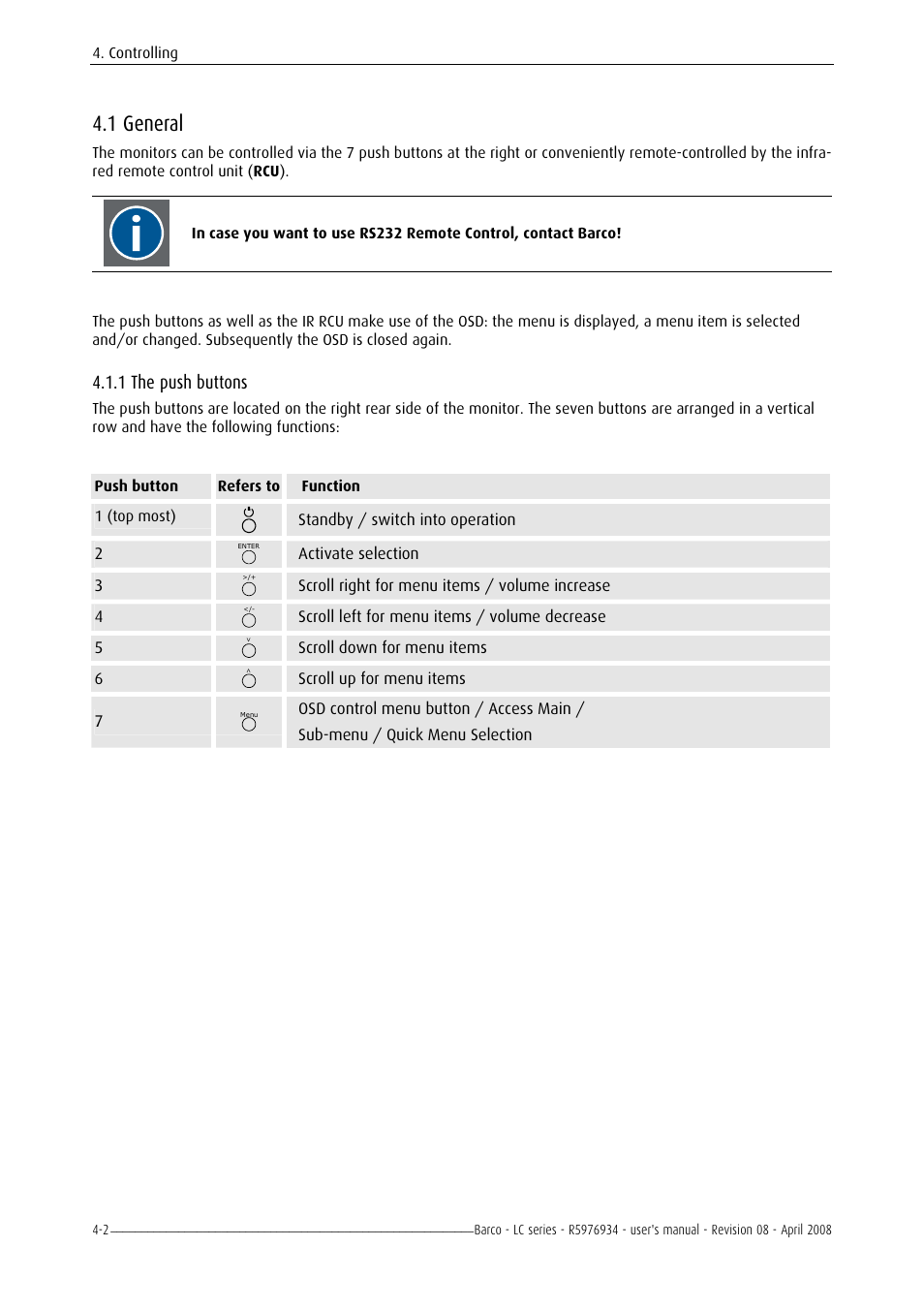 General, The push buttons, 1 general -2 | 1 the push buttons -2, 1 general, 1 the push buttons | Barco R5976934 User Manual | Page 38 / 144