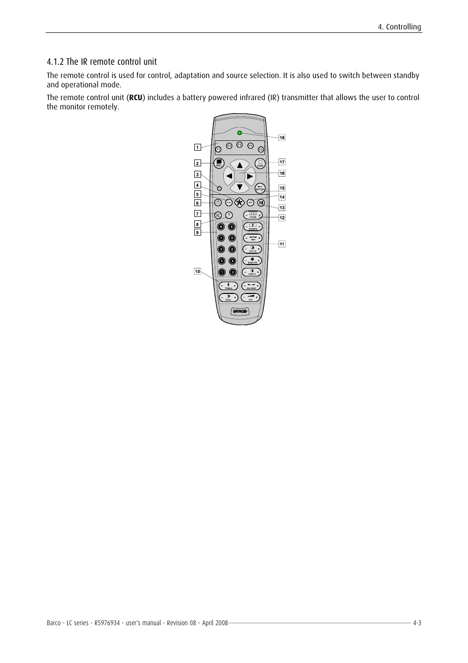 The ir remote control unit, 2 the ir remote control unit -3, 2 the ir remote control unit | Barco R5976934 User Manual | Page 39 / 144