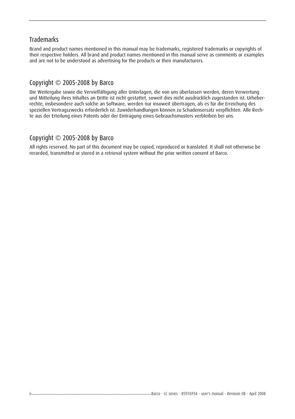 Trademarks | Barco R5976934 User Manual | Page 4 / 144
