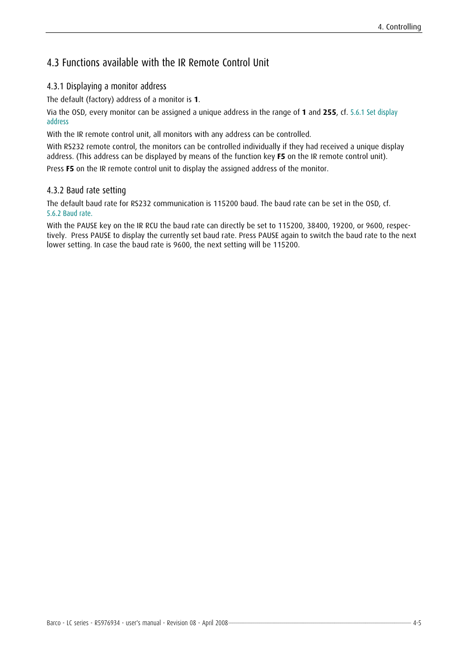 Displaying a monitor address, Baud rate setting, 1 displaying a monitor address -5 | 2 baud rate setting -5, 1 displaying a monitor address, 2 baud rate setting | Barco R5976934 User Manual | Page 41 / 144