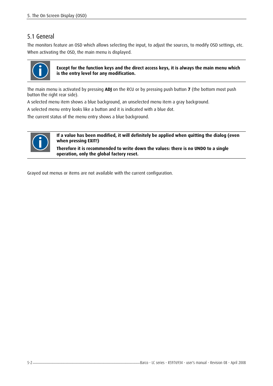 General, 1 general -2, 1 general | Barco R5976934 User Manual | Page 44 / 144
