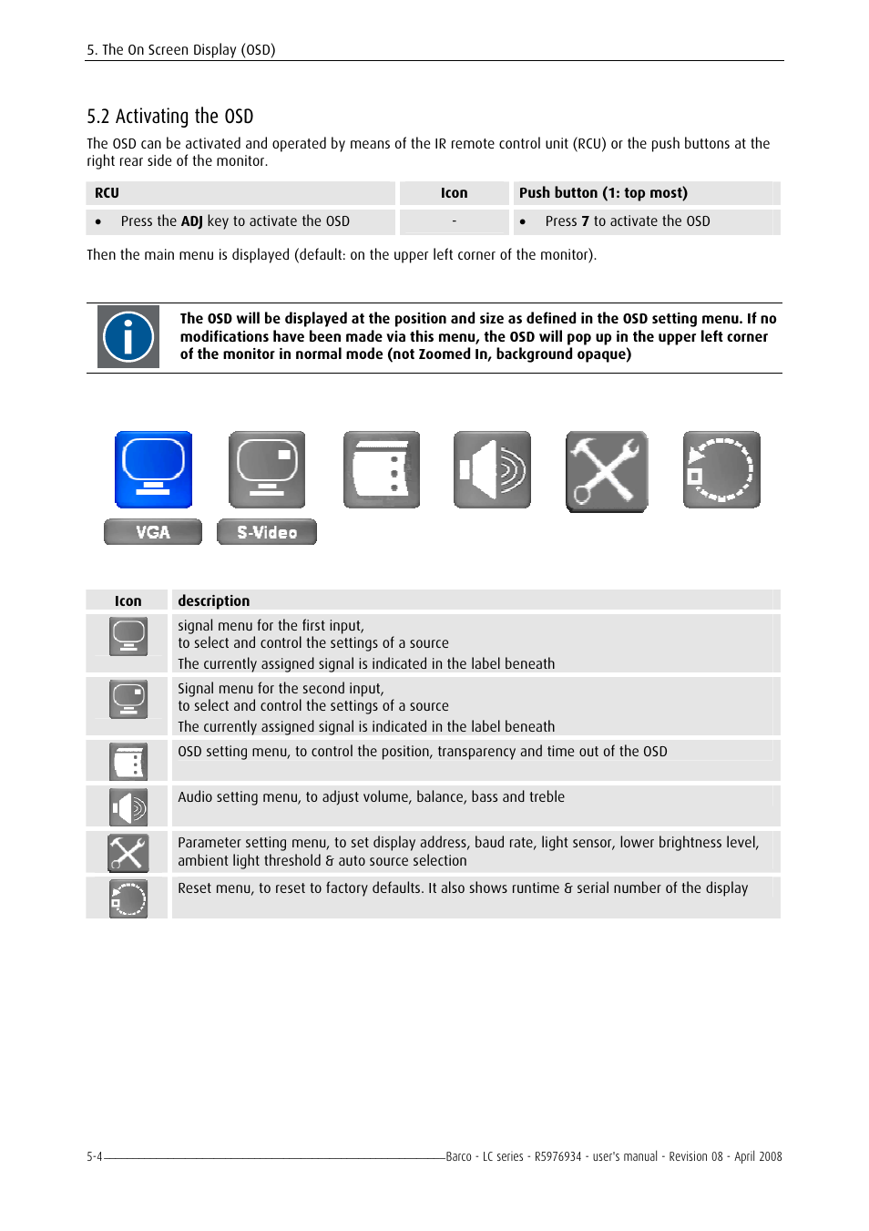 Activating the osd, 2 activating the osd -4, 2 activating the osd | Barco R5976934 User Manual | Page 46 / 144