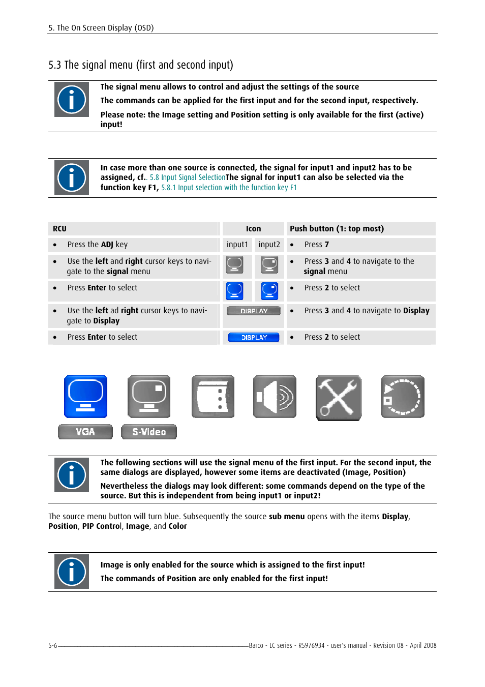 The signal menu (first and second input), 3 the signal menu (first and second input) -6, 3 the signal menu (first and second input) | Barco R5976934 User Manual | Page 48 / 144