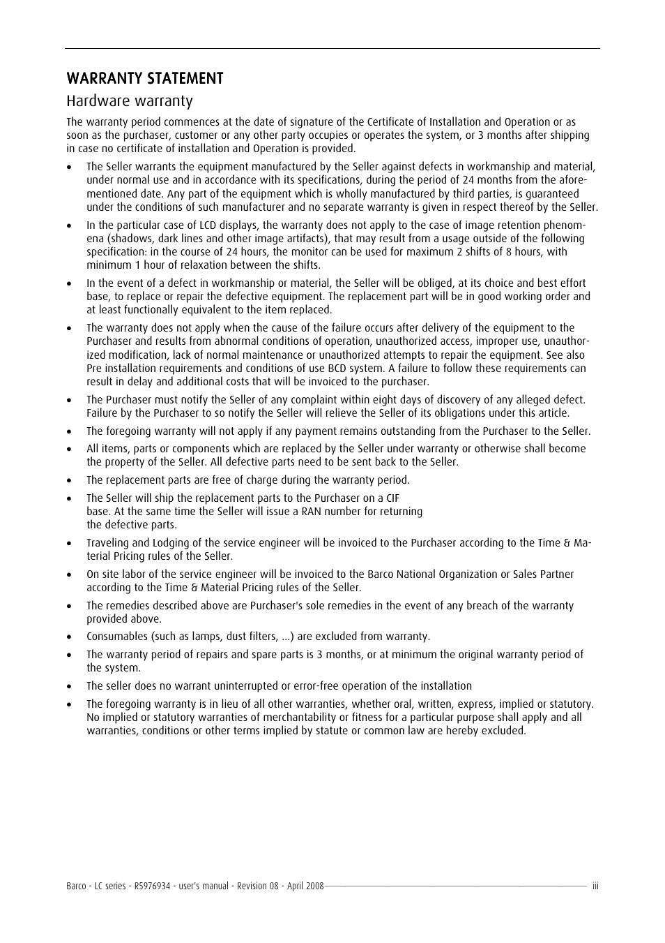 Hardware warranty, Warranty statement | Barco R5976934 User Manual | Page 5 / 144