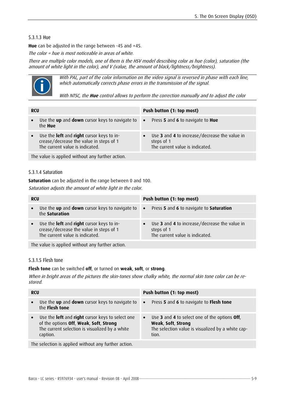 Saturation, Flesh tone | Barco R5976934 User Manual | Page 51 / 144